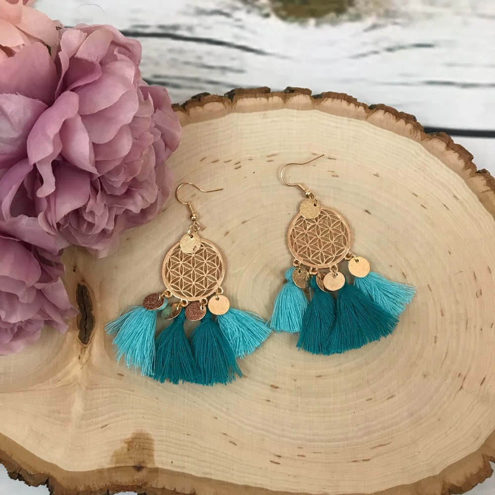 Bohemian Gold Dangle Earrings with Aqua Tassels - Picture 4 of 4